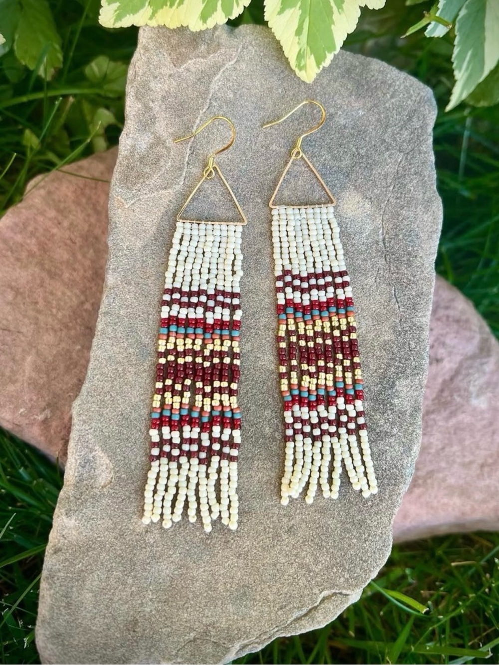 Beaded Fringe Drop Earrings in Cream & Burgundy with Gold Accents